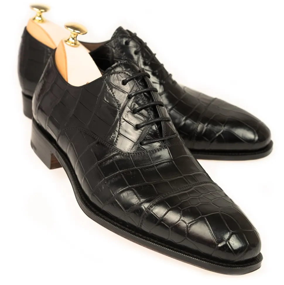 Alligator Shoes|Cap Toe Oxfords|Carmina ALLIGATORE OXFORDS 80386 RAIN BLACK