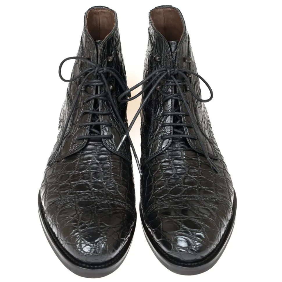 Crocodile Shoes|Men's Work Boots|Carmina CROCODILE ANKLE BOOTS 80207 SOLLER BLACK
